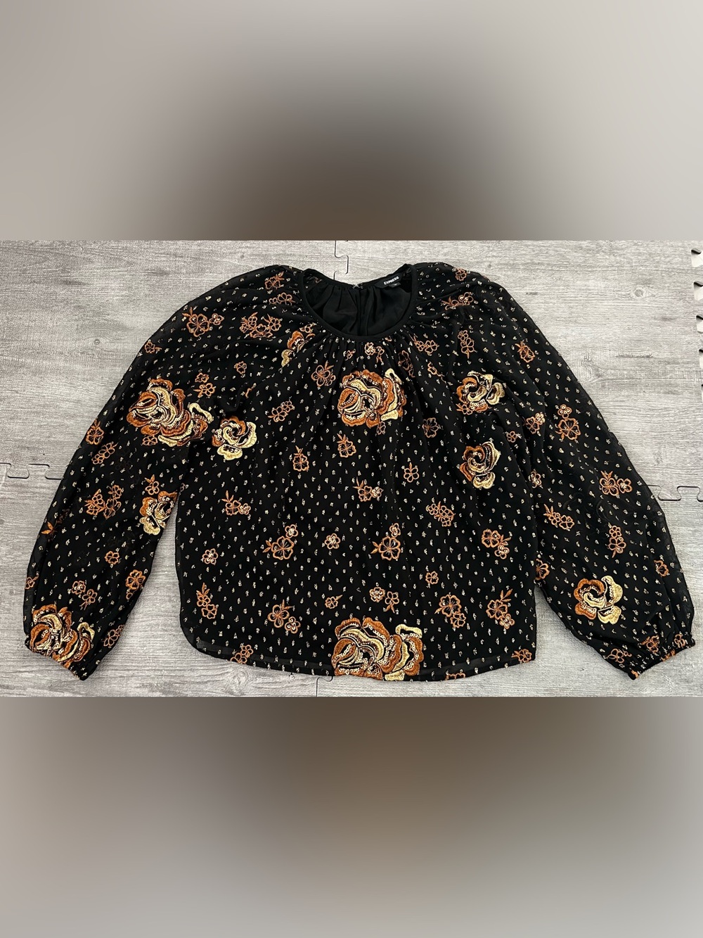 Express Black Floral Round Neck Long Sleeve Pullover Blouse Women's L